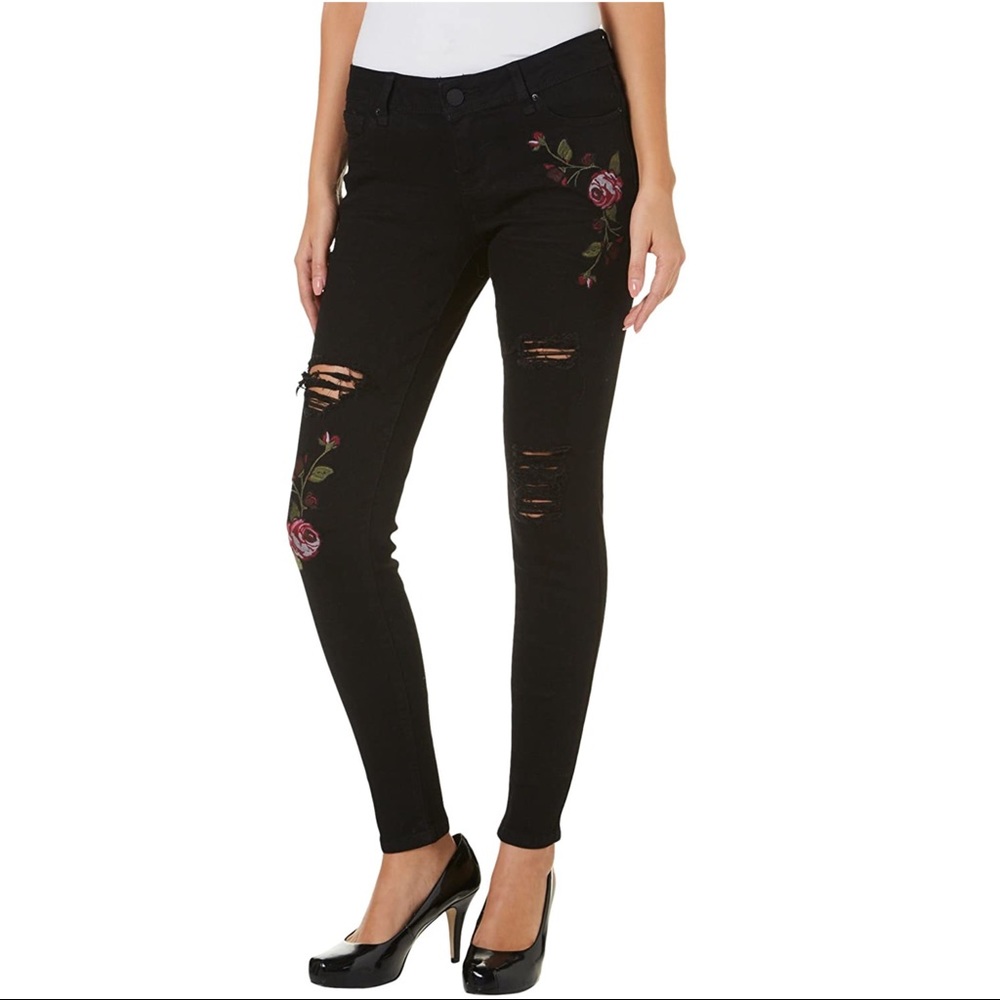 YMI Rose Embroidery Distressed Skinny Denim Jeans